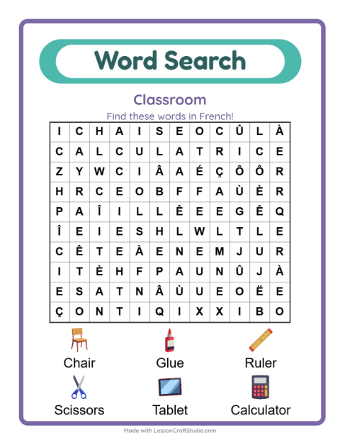 Picture word search – Classroom Objects