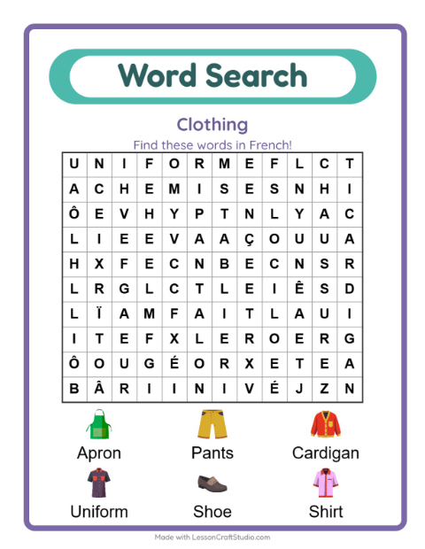 Picture word search – Clothes