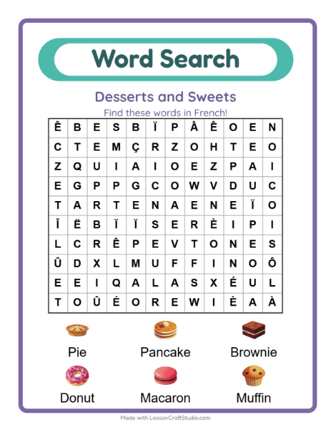 Picture word search – Desserts and Sweets