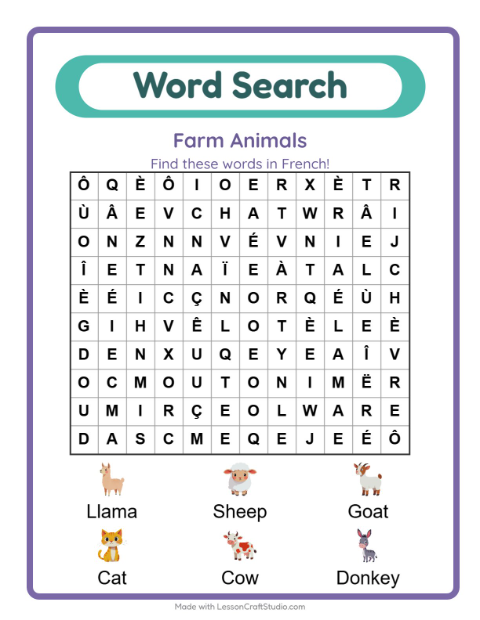 Picture word search – Farm Animals