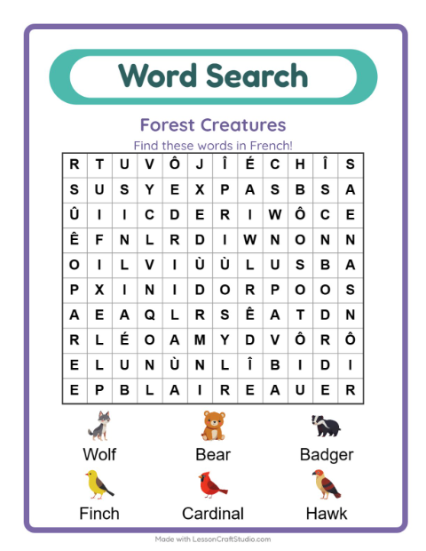 Picture word search – Forest Creatures