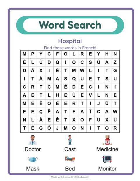 Picture word search – Hospital Things