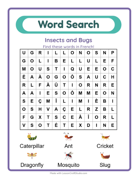 Picture word search – Insects and Bugs