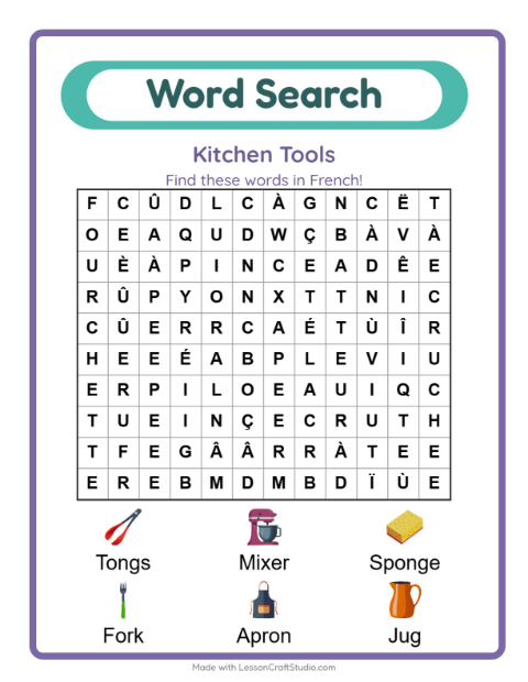 Picture word search – Kitchen Tools
