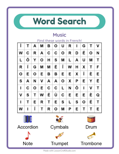 Picture word search – Musical Instruments