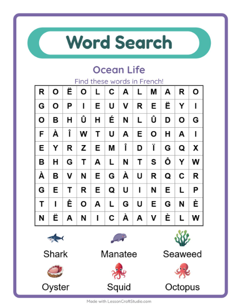 Picture word search – Ocean Life
