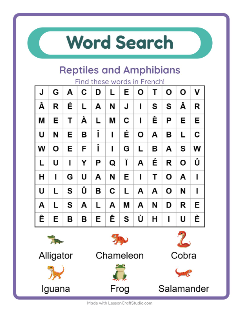 Picture word search – Reptiles and Amphibians