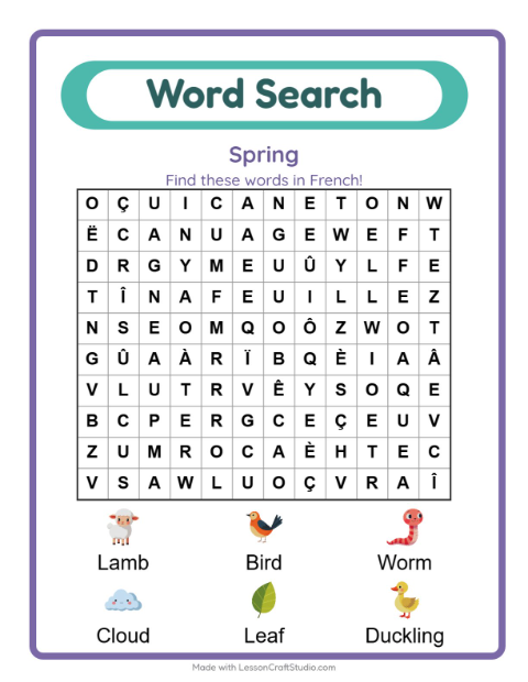 Preview of Six French words for spring, waiting inside a grid of letters