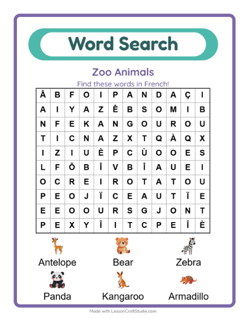 Picture word search – Zoo Animals