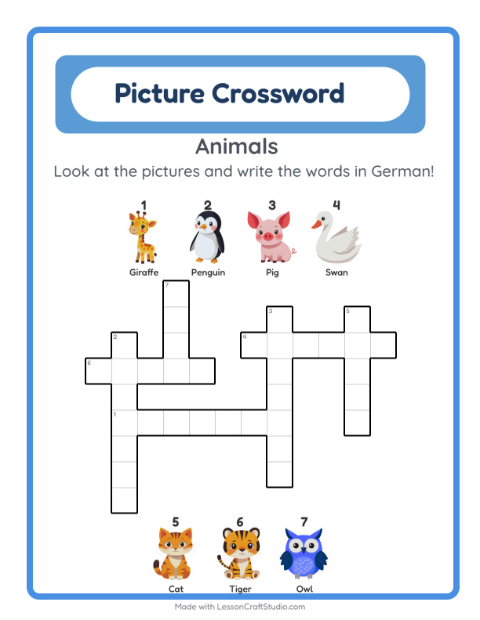 Preview of Learn German: Animals – Picture Crossword for Kids