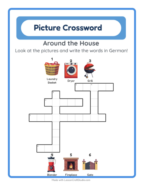 Preview of Learn German: Household Things – Picture Crossword for Kids