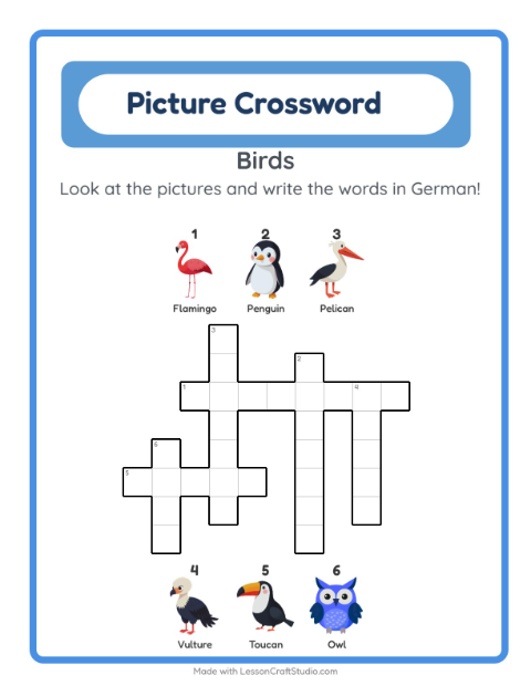 Preview of Learn German: Birds – Picture Crossword for Kids