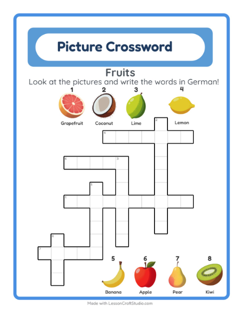 Preview of Learn German: Fruits – Picture Crossword for Kids
