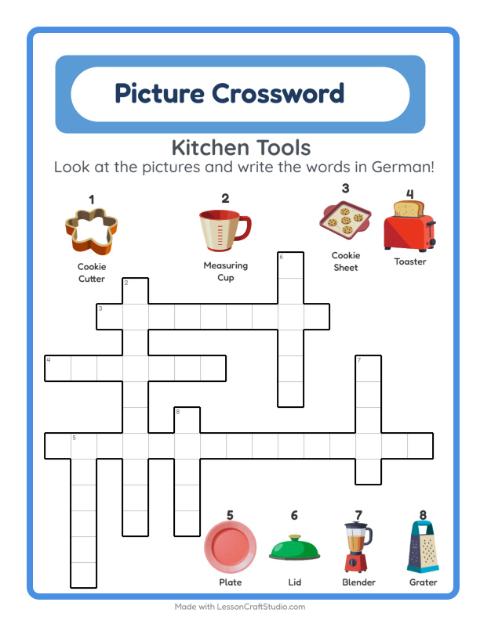 Preview of Learn German: Kitchen Tools – Picture Crossword for Kids