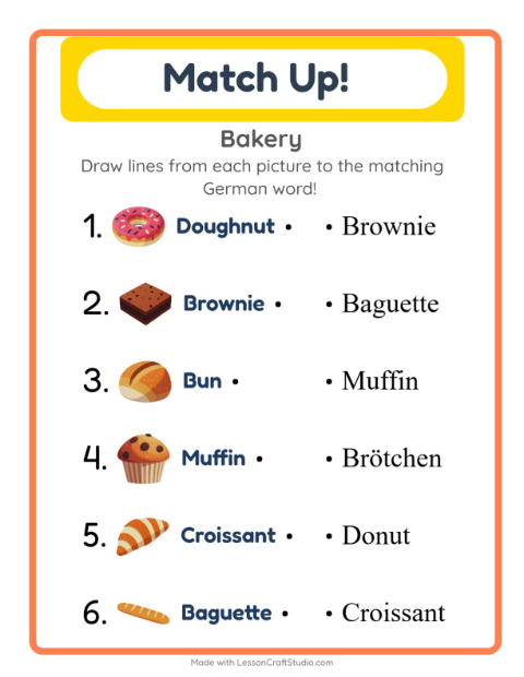 Picture-word match – Bakery Treats