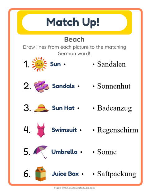 Picture-word match – Beach Things