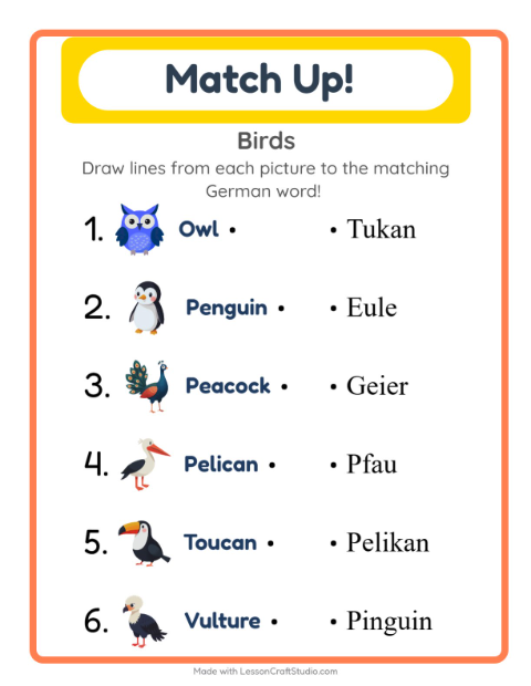 Preview of Learn German: Birds – Picture-Word Match for Kids