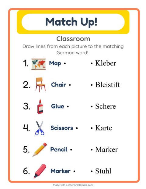 Picture-word match – Classroom Objects