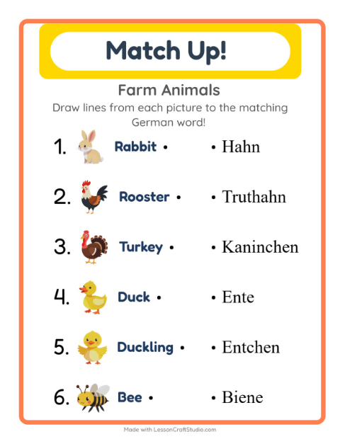 Preview of Learn German: Farm Animals – Picture-Word Match for Kids