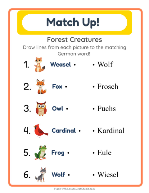 Preview of Learn German: Forest Creatures – Picture-Word Match for Kids