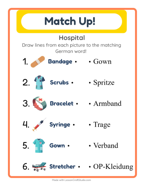 Picture-word match – Hospital Things