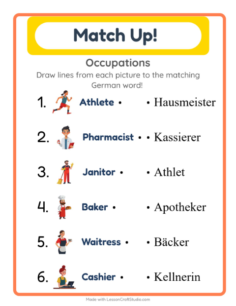Preview of Learn German: Community Helpers – Picture-Word Match for Kids