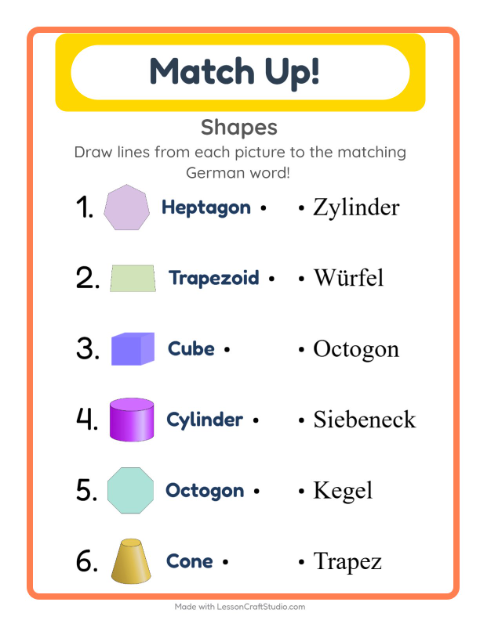 Preview of Learn German: Shapes – Picture-Word Match for Kids