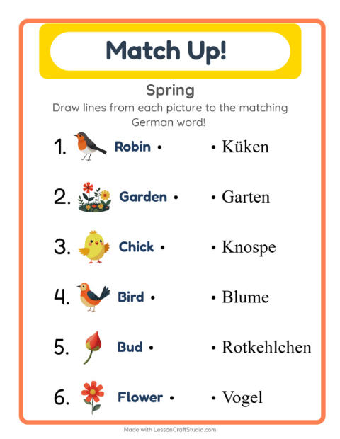 Preview of Learn German: Spring – Picture-Word Match for Kids