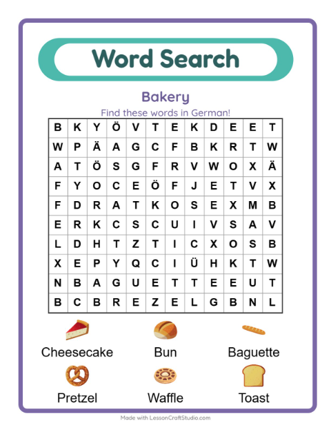 Picture word search – Bakery Treats