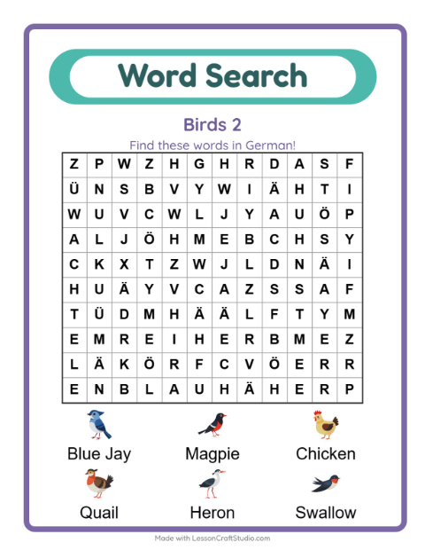 Picture word search – More Birds