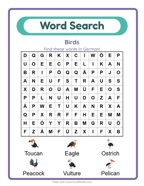 Preview of Eagles, ostriches and toucans, named in German and buried in letters