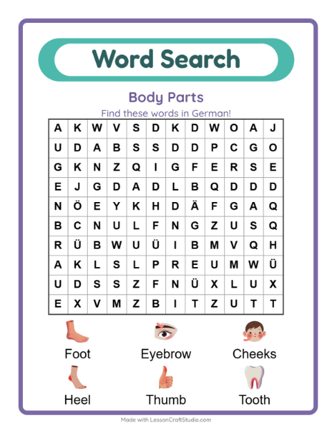 Picture word search – Body Parts