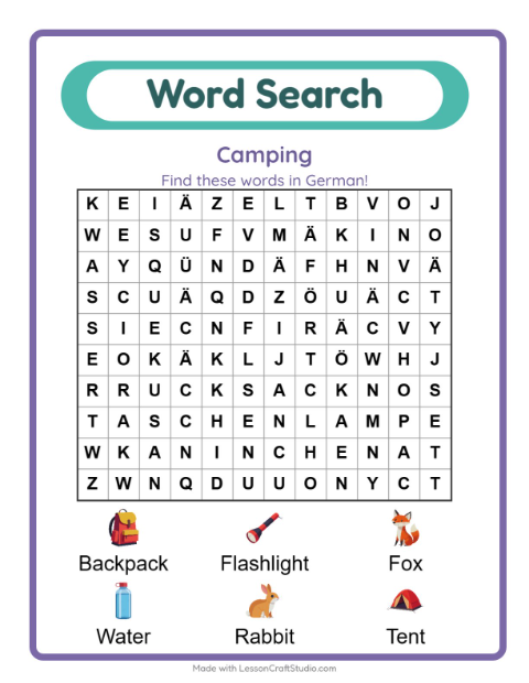 Picture word search – Camping Gear