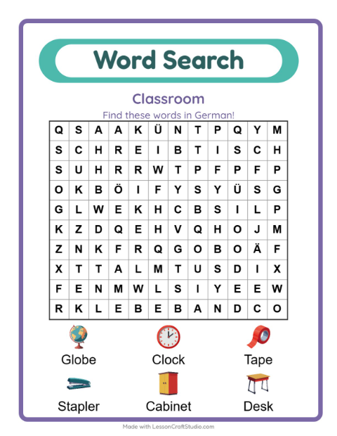 Picture word search – Classroom Objects