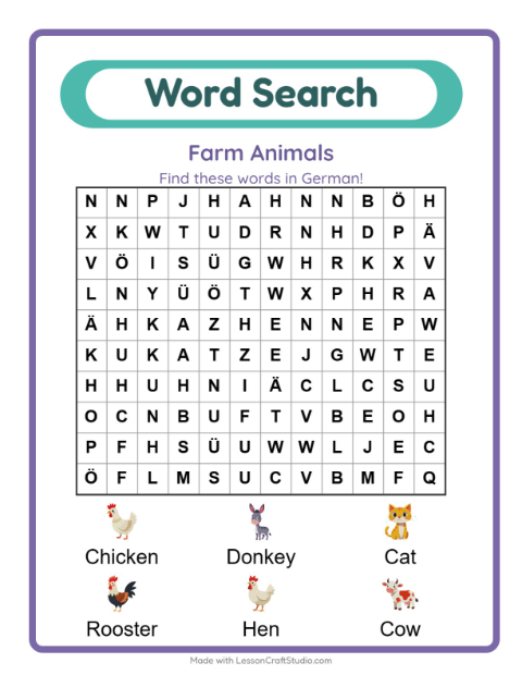 Picture word search – Farm Animals