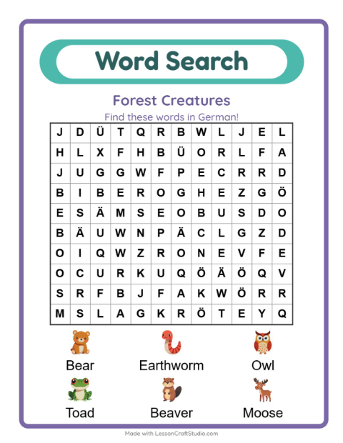 Picture word search – Forest Creatures