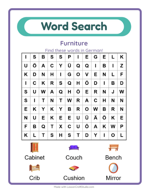 Preview of The German words for things around the house, hidden in letters
