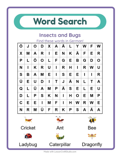 Preview of Bug names in German, from short BIENE to long MARIENKÄFER