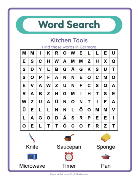 Picture word search – Kitchen Tools