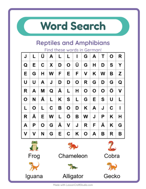 Picture word search – Reptiles and Amphibians