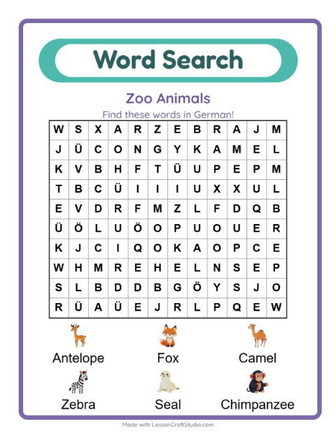 Picture word search – Zoo Animals