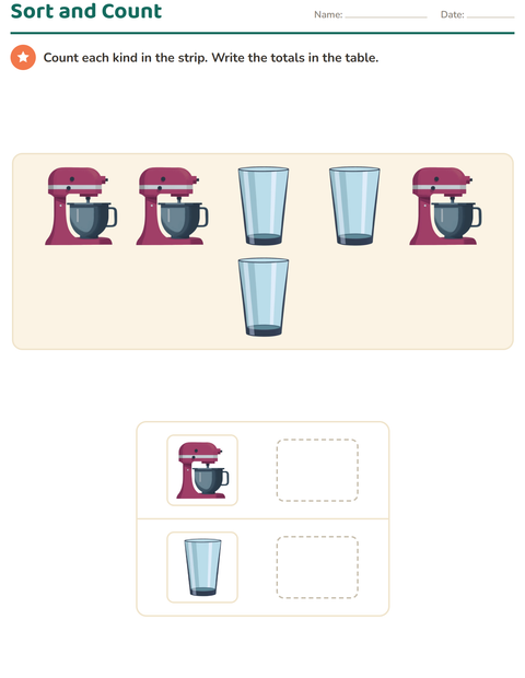 Preview of Graphs and Data worksheet featuring Kitchen Tools for grade 1