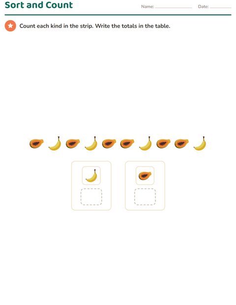 Preview of Graphs and Data worksheet featuring Fruits for grade 1