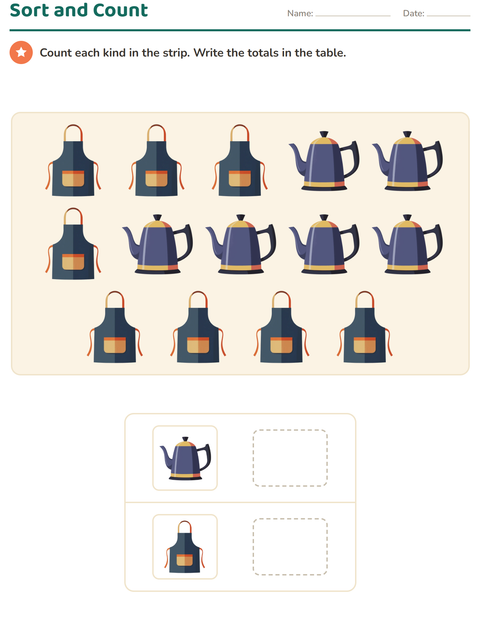 Preview of Graphs and Data worksheet featuring Kitchen Tools for grade 1
