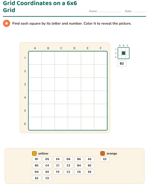 Grid Coordinates on a 6x6 Grid: Color the Squares