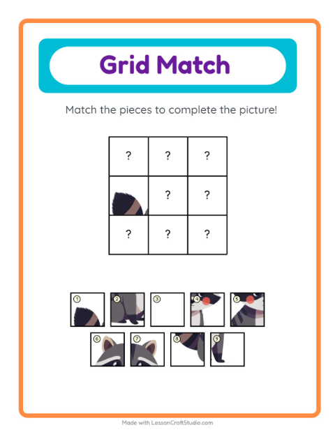 Preview of Grid Match worksheet featuring Animals for kindergarten