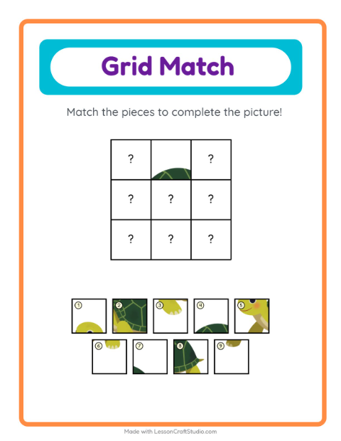 Preview of Grid Match worksheet featuring Animals for kindergarten