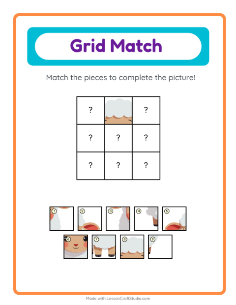Preview of Grid Match worksheet featuring Animals for kindergarten