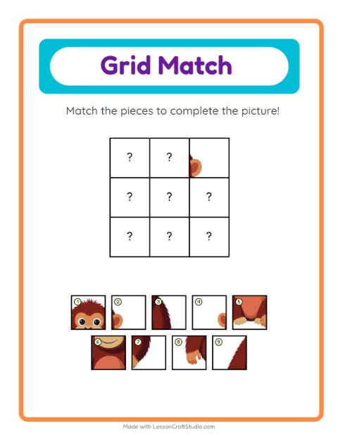 Preview of Grid Match worksheet featuring Animals for kindergarten