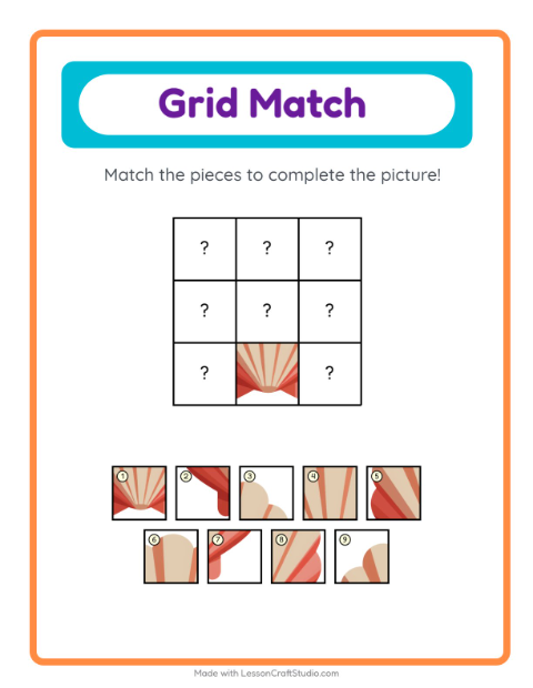 Preview of Grid Match worksheet featuring Beach for kindergarten